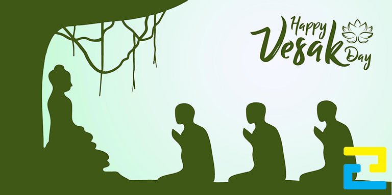 Mẫu 9: Băng rôn có tông màu xanh chủ đạo, có hình ảnh minh họa như: Hình ảnh cây, Đức Phật,... được thiết kế với bố cục hợp lý, bandroll có kiểu chữ nghệ thuật