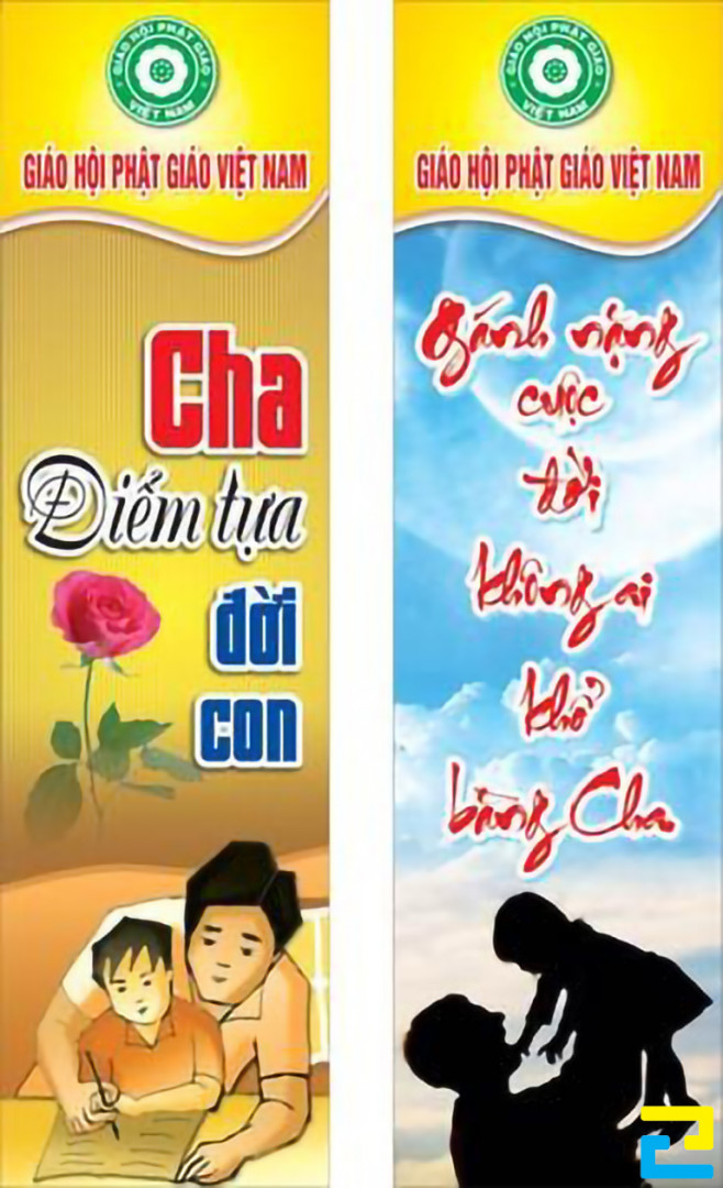 Mẫu 10: Hai mẫu băng rôn được thiết kế với tông màu xanh dương, vàng, có hình ảnh cha và con, hình ảnh hoa hồng đẹp mắt