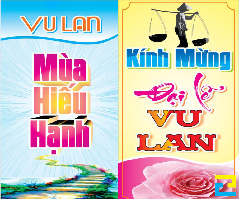 Mẫu 12: Hai mẫu băng rôn được thiết kế với tông màu xanh dương - vàng, có kiểu chữ đơn giản - nghệ thuật, hình ảnh hoa hồng, hình ảnh người mẹ