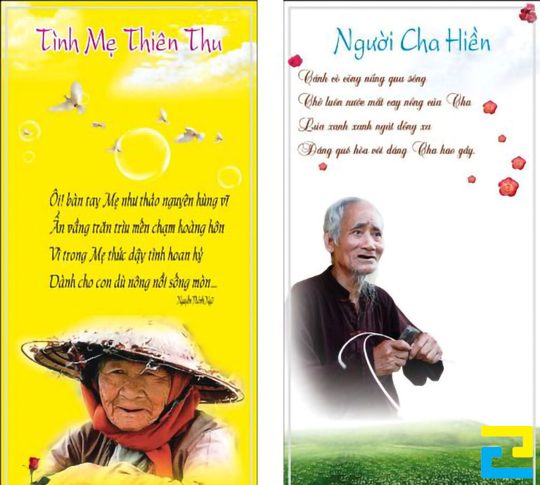 Mẫu 2: Hai mẫu bandroll Vu Lan báo hiếu được thiết kế với tông màu trắng - vàng, có kiểu chữ nghệ thuật, hình ảnh bậc cha mẹ, hình ảnh hoa