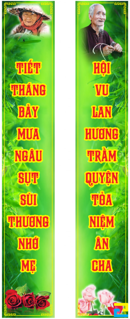 Mẫu 8: Hai mẫu bandroll được thiết kế với những câu thơ, hình ảnh bậc cha mẹ, hình ảnh hoa hồng, có tông màu xanh lá cây, kiểu chữ đơn giản