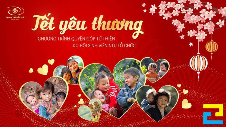 Mẫu 10: Băng rôn có tông màu đỏ chủ đạo, thông điệp hoạt động từ thiện được thiết kế với kiểu chữ nghệ thuật, bandroll có hình ảnh các em nhỏ, hình ảnh hoa trang trí đẹp mắt