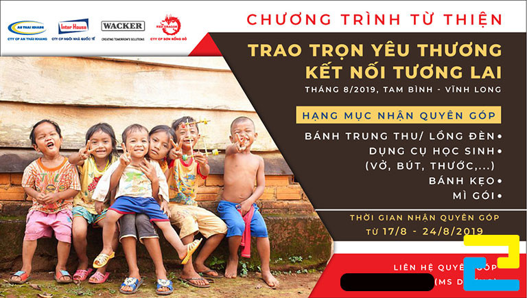 Mẫu 2: Băng rôn được thiết kế với đầy đủ thông tin về hoạt động từ thiện, có hình ảnh minh họa các em nhỏ, bandroll có kiểu chữ đơn giản