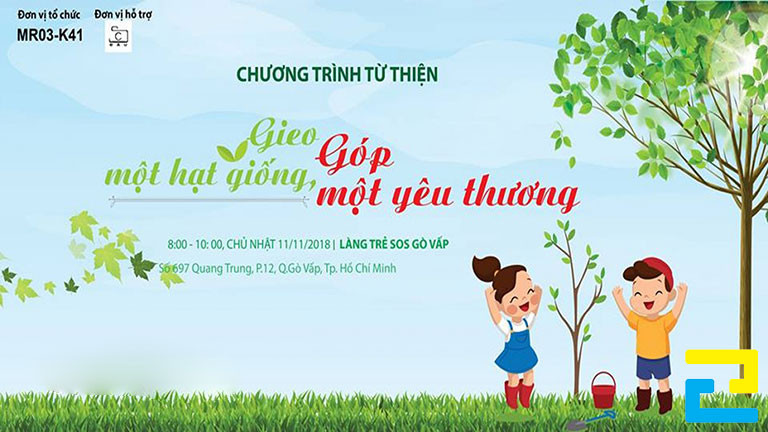 Mẫu 4: Băng rôn có tông màu xanh dương chủ đạo, có những hình ảnh như: Hình ảnh cây, hình ảnh các em nhỏ trồng cây được thiết kế đẹp bắt mắt