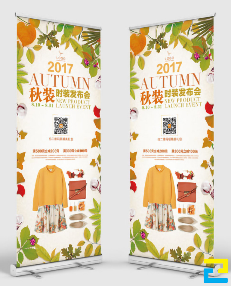 Mẫu 19: Standee được thiết kế với hình ảnh viền lá đẹp mắt, hình ảnh quần áo & phụ kiện thời trang được thiết kế với bố cục hợp lý