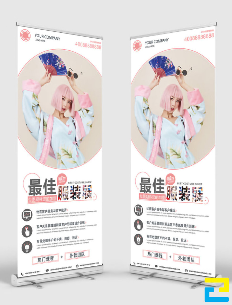 Mẫu 3: Standee được thiết kế với kiểu chữ đơn giản, có tông màu trắng chủ đạo, kết hợp với hình ảnh người mẫu quảng cáo thời trang