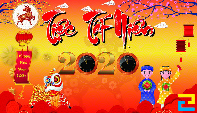 Mẫu 10: Băng rôn có kiểu chữ nghệ thuật, có tông màu vàng - cam - đỏ, hình ảnh minh họa như: Hình ảnh hoa đào, con giáp, hoa mai,... được thiết kế đẹp mắt