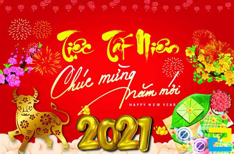Mẫu 11: Băng rôn có tông màu đỏ chủ đạo, có những hình ảnh như: Hình ảnh con giáp. hình ảnh hoa mai, hoa đào,... đẹp mắt, bandroll có kiểu chữ nghệ thuật - đơn giản
