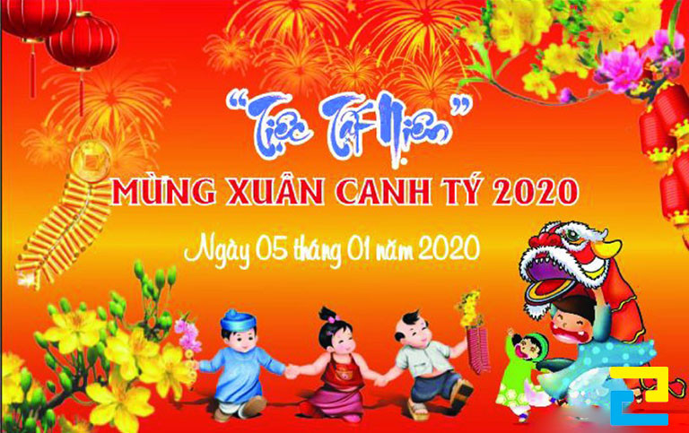 Mẫu 16: Băng rôn hình ảnh các em nhỏ, hình ảnh hoa mai, hoa đào, hình ảnh lồng đèn, pháo,... được thiết kế đẹp mắt, bandroll có tông màu cam - đỏ - vàng