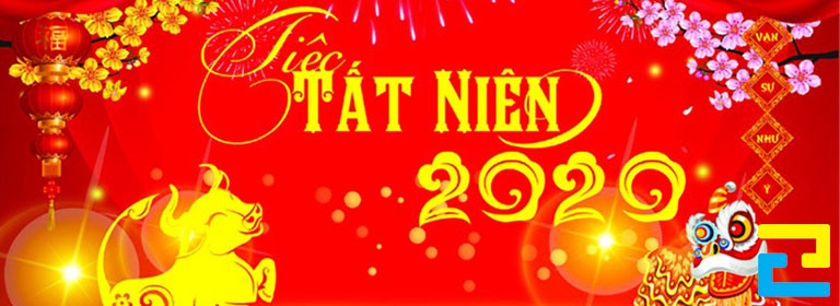 Mẫu 19: Băng rôn có tông màu đỏ chủ đạo, có hình ảnh con giáp, hình ảnh múa lân, hoa mai, hoa đào,... đẹp mắt, bandroll có kiểu chữ nghệ thuật