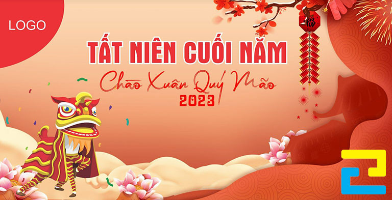 Mẫu 2: Băng rôn có những hình ảnh như: Hình ảnh hoa sen, pháo, hình ảnh người múa lân,... được thiết kế với bố cục hợp lý, bandroll có kiểu chữ đơn giản - nghệ thuật