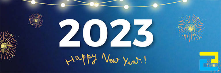 Mẫu 23: Băng rôn có tông màu xanh dương chủ đạo, có hình ảnh pháo bông, hình ảnh dây đèn trang trí đẹp mắt, bandroll có kiểu chữ đơn giản - nghệ thuật