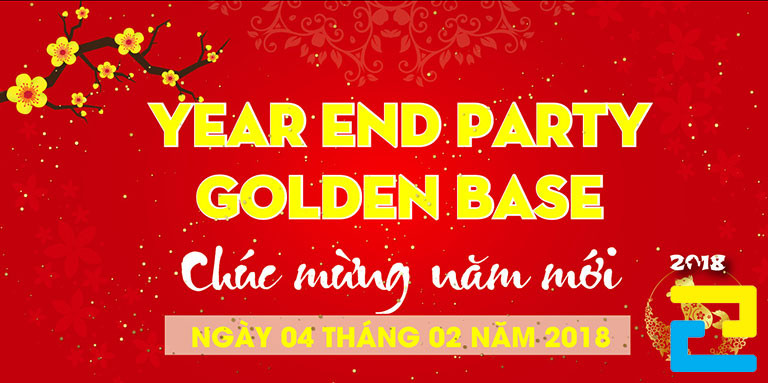 Mẫu 28: Băng rôn có kiểu chữ đơn giản - nghệ thuật, có hình ảnh hoa mai được thiết kế đẹp mắt, bandroll có tông màu đỏ chủ đạo
