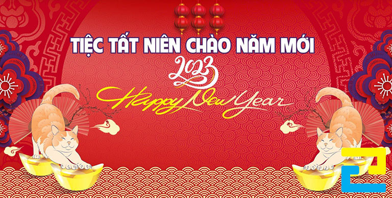 Mẫu 3: Băng rôn có hình ảnh con giáp được thiết kế với kích thước, bố cục hợp lý, bandroll có kiểu chữ đơn giản - nghệ thuật, tông màu đỏ chủ đạo nổi bật