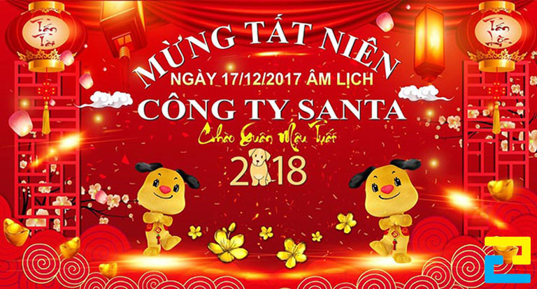 Mẫu 32: Băng rôn có tông màu đỏ chủ đạo, có những hình ảnh như: Hình ảnh con giáp, hình ảnh hoa mai,... đẹp mắt, bandroll có kiểu chữ đơn giản - nghệ thuật