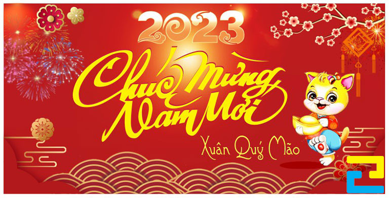 Mẫu 38: Băng rôn có kiểu chữ nghệ thuật, có tông màu đỏ chủ đạo, bandroll có hình ảnh pháo bông, hoa đào, hình ảnh con giáp,... được thiết kế với bố cục hợp lý