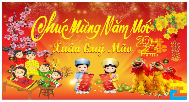 Mẫu 39: Băng rôn có tông màu vàng - cam - đỏ, có hình ảnh hoa mai, hoa đào, hình ảnh múa lân,... đẹp bắt mắt, bandroll có kiểu chữ nghệ thuật