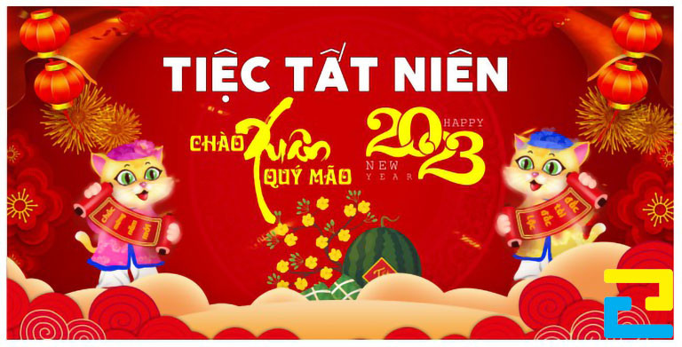 Mẫu 43: Băng rôn có hình ảnh con giáp, hình ảnh hoa mai, bánh chưng, dưa hấu,... được thiết kế đẹp bắt mắt, kết hợp với những hình ảnh trang trí như: Pháo bông, lồng đèn,...