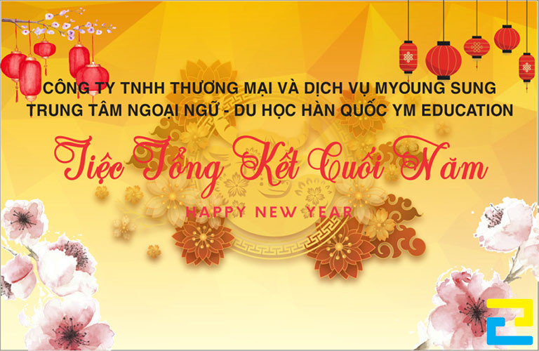 Mẫu 48: Băng rôn có tông màu vàng chủ đạo, có hình ảnh hoa đào, lồng đèn được trang trí ở viền, bandroll có kiểu chữ đơn giản - nghệ thuật đẹp mắt