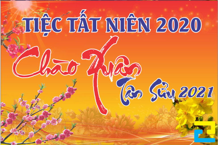 Mẫu 50: Băng rôn có kiểu chữ nghệ thuật - đơn giản, hình ảnh hoa mai, hoa đào được thiết kế với bố cục hợp lý, bandroll có tông màu cam - vàng - đỏ