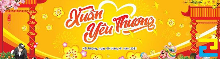 Mẫu 8: Băng rôn có tông màu vàng chủ đạo, có kiểu chữ đơn giản - nghệ thuật, có hình ảnh hoa mai, hoa đào trang trí,... đẹp bắt mắt