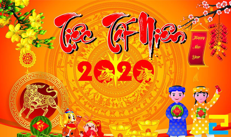 Mẫu 9: Băng rôn có những hình ảnh như: Hình ảnh con giáp, hoa đào, hoa mai, pháo,... được thiết kế với bố cục hợp lý, bandroll có tông màu cam chủ đạo