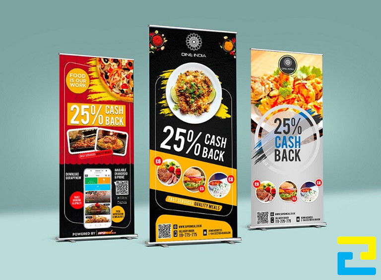 Mẫu 3: Ba mẫu standee bán đồ ăn được thiết kế với kiểu chữ đơn giản, hình ảnh món ăn được thiết kế với bố cục đẹp mắt