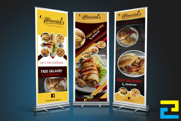 Mẫu 6: Ba mẫu standee được thiết kế với kiểu chữ đơn giản - nghệ thuật, có tông màu vàng - nâu - đen, hình ảnh món ăn đẹp bắt mắt