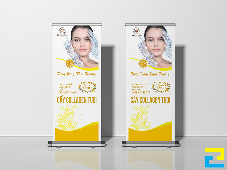Mẫu 3: Standee có hình ảnh minh họa cho dịch vụ đẹp mắt, có kiểu chữ đơn giản - nghệ thuật, standee có tông màu vàng - trắng chủ đạo