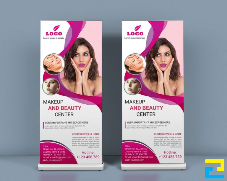 Mẫu 4: Standee có mô tả đầy đủ thông tin của dịch vụ, hình ảnh minh họa cho dịch vụ được thiết kế với bố cục hợp lý, standee có tông màu tím - trắng