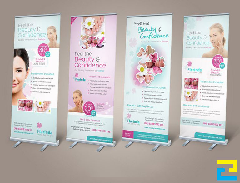 Mẫu 6: 4 mẫu standee có tông màu xanh - tím đẹp mắt, hình ảnh minh họa cho dịch vụ được thiết kế với bố cục hợp lý, standee có kiểu chữ đơn giản - nghệ thuật