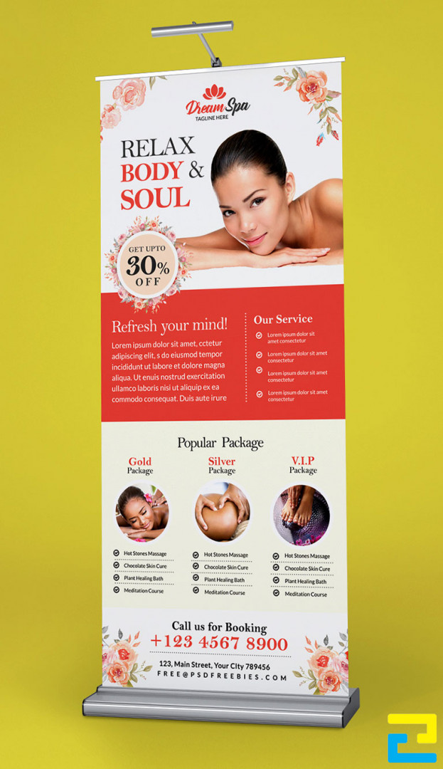 Mẫu 7: Standee có tông màu đỏ - trắng, có mô tả đầy đủ thông tin dịch vụ, hình ảnh minh họa cho dịch vụ được thiết kế đẹp bắt mắt