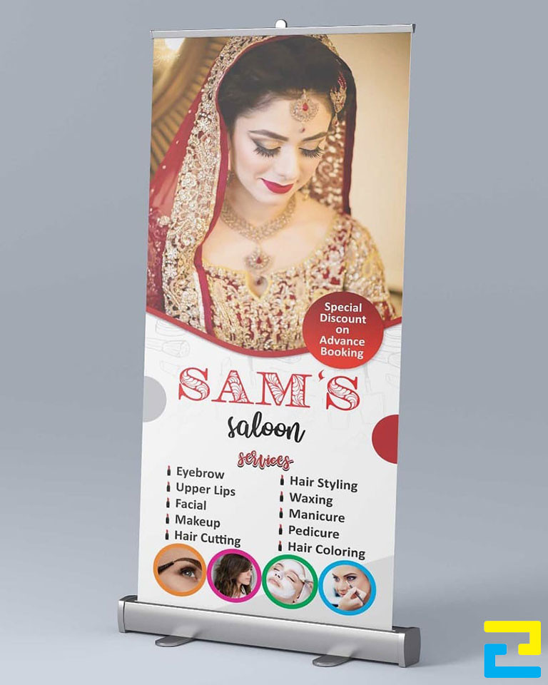 Mẫu 9: Standee có tông màu trắng chủ đạo, có kiểu chữ đơn giản - nghệ thuật, hình ảnh minh họa cho dịch vụ được thiết kế với bố cục hợp lý