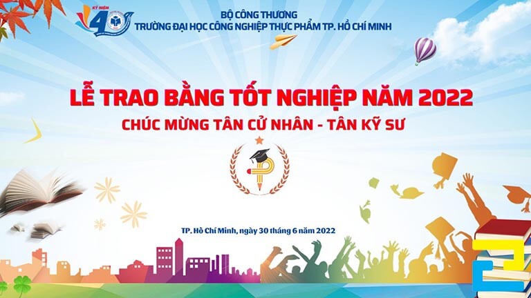 Mẫu 15: Phông nền có những hình ảnh như: Hình ảnh lá cây, cuốn sách, cử nhân ném mũ mừng tốt nghiệp,… phông nền có kiểu chữ đơn giản, tông màu xanh – trắng
