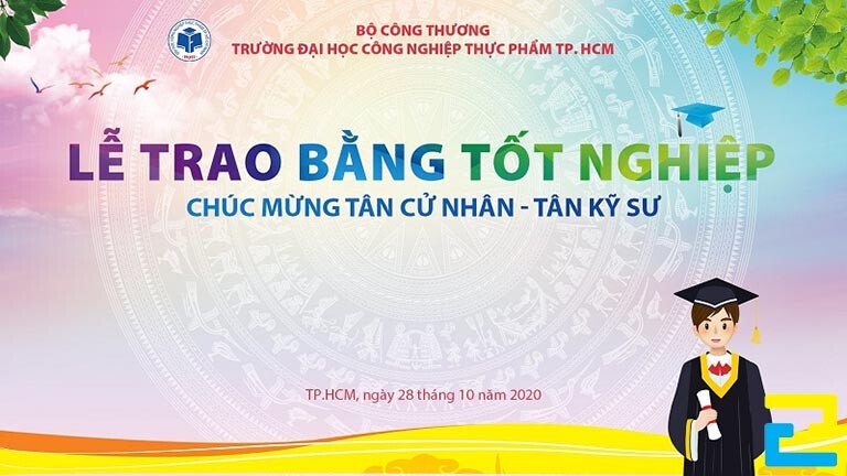 Mẫu 6: Phông nền có hình nền trống đồng đẹp mắt, có những hình ảnh như: Hình ảnh học sinh tốt nghiệp, hình ảnh lá cây,… phông nền có kiểu chữ đơn giản
