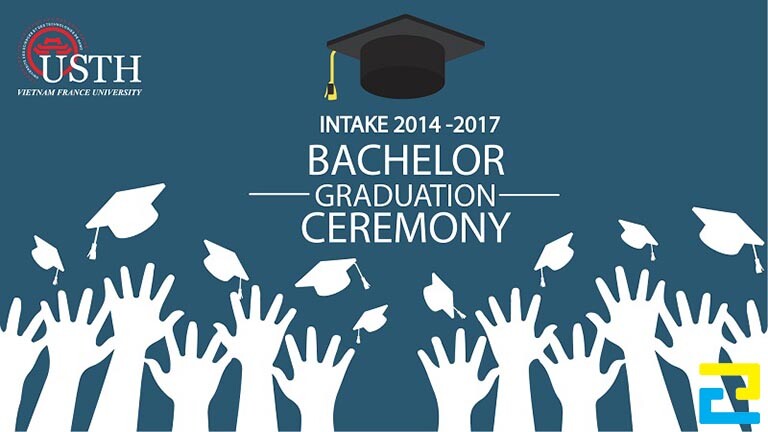 Mẫu 7: Phông nền có kiểu chữ đơn giản, có những hình ảnh như: Hình ảnh sinh viên ném mũ mừng tốt nghiệp, hình ảnh logo,… phông nền có tông màu xanh chủ đạo