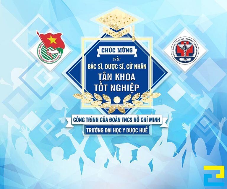 Mẫu 8: Phông nền có những thông tin như: Lời chúc mừng tốt nghiệp, tên trường, hình ảnh logo,… được thiết kế với bố cục hợp lý, phông nền có kiểu chữ đơn giản