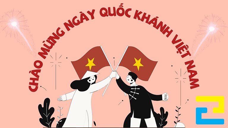 Mẫu 13: Băng rôn chào mừng Quốc khánh 2/9 có tông màu hồng nhạt chủ đạo, có kiểu chữ đơn giản, có những hình ảnh minh họa như: Hình ảnh pháo bông, hình ảnh lá cờ,…