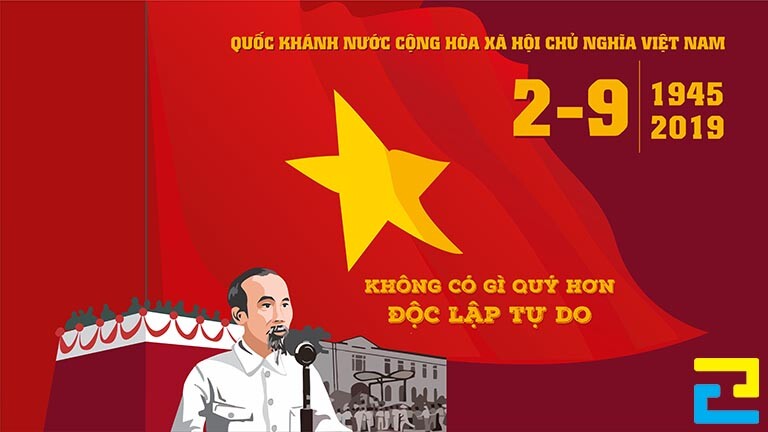 Mẫu 17: Băng rôn có tông màu đỏ tươi – đỏ đô chủ đạo, có hình ảnh Bác Hồ đọc Tuyên ngôn Độc lập, hình ảnh lá cờ được thiết kế với bố cục hợp lý