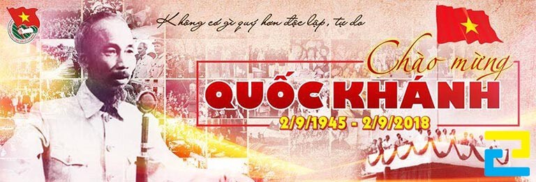 Mẫu 19: Băng rôn có hình ảnh lịch sử ngày 2/9/1945, hình ảnh Bác Hồ đọc Tuyên ngôn Độc lập được thiết kế với bố cục hợp lý, băng rôn có kiểu chữ đơn giản – nghệ thuật