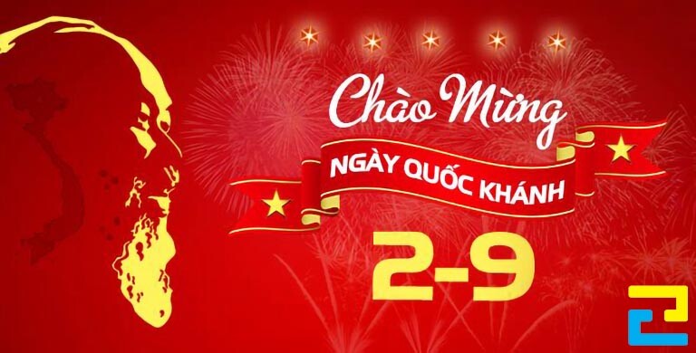 Mẫu 9: Băng rôn có kiểu chữ đơn giản – nghệ thuật, có tông màu đỏ nổi bật, có hình ảnh Bác Hồ, ngôi sao, pháo bông,… được thiết kế đẹp mắt