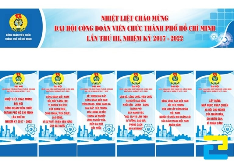Mẫu 1: Băng rôn cho đại hội đoàn với thiết kế dọc, chữ đỏ phông nền xanh dương và trắng