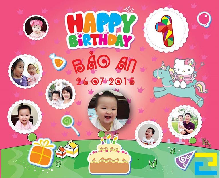 Mẫu 1: Phông nền có kiểu chữ dễ thương, có tông màu hồng – xanh, hình ảnh bé trai được thiết kế với bố cục hợp lý, phông nền có những hình ảnh trang trí đẹp mắt