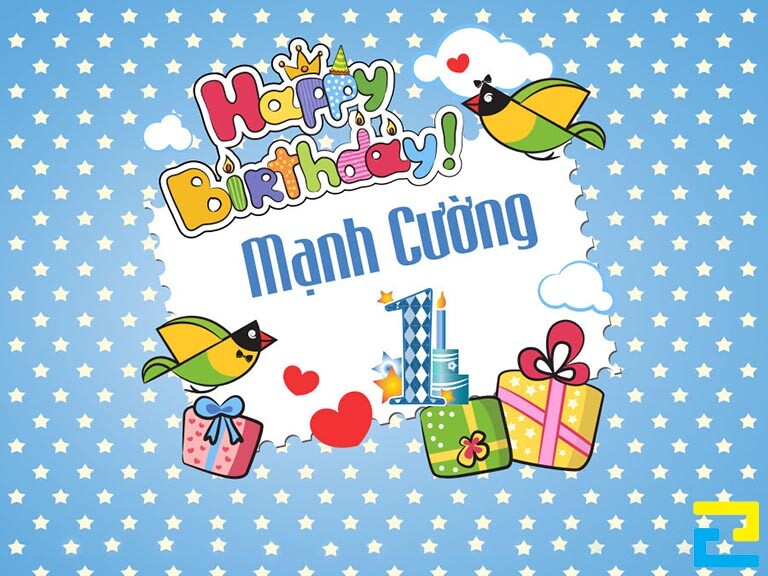 Mẫu 12: Phông nền có những hình ảnh như: Hình ảnh hộp quà, bánh kem,… được thiết kế với bố cục hợp lý, phông nền có tông màu xanh dương – trắng