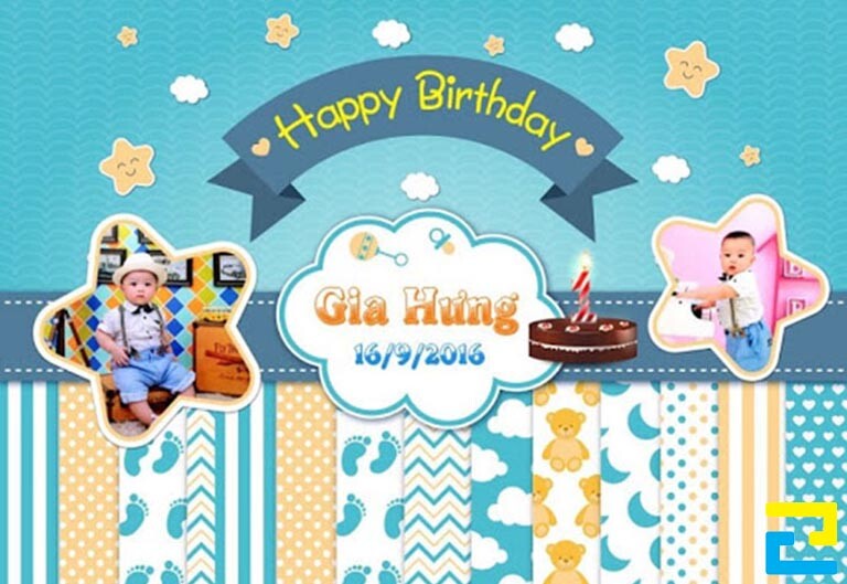 Mẫu 15: Phông nền có kiểu chữ đơn giản, có hình ảnh bé trai được thiết kế với bố cục hợp lý, phông nền có tông màu xanh chủ đạo