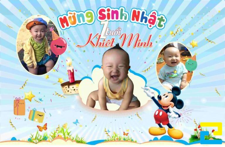 Mẫu 17: Phông nền có tông màu xanh dương chủ đạo, có hình ảnh bé trai và những hình ảnh trang trí như: Hình ảnh hộp quà, chuột Mickey,…