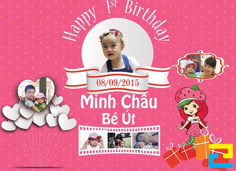 Mẫu 3: Phông nền có tông màu hồng chủ đạo, có kiểu chữ đơn giản, phông nền có những hình ảnh như: Hình ảnh bé gái và gia đình, hình ảnh hộp quà,…