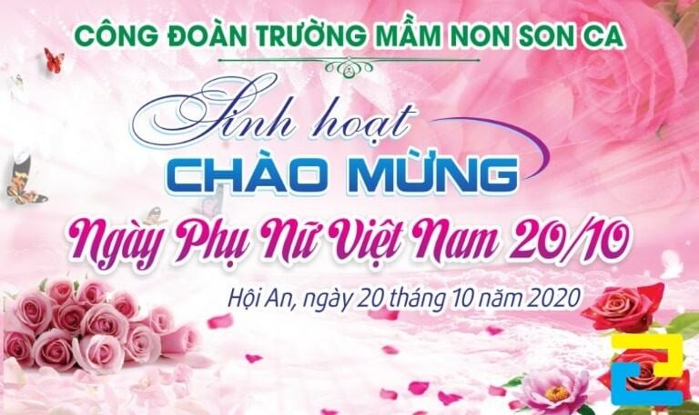 Mẫu 1: Phông nền đẹp 20/10 có tông màu hồng-trắng được trang trí chữ nghệ thuật cùng những bông hoa hồng và bướm