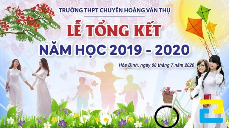 Mẫu 10: Phông nền lễ tổng kết năm học với hình ảnh minh họa là các em học sinh trong tà áo dài và cây phượng, cánh diều,…