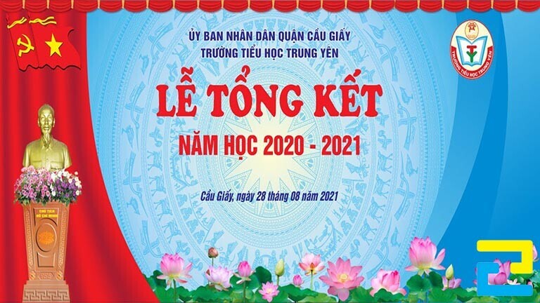 Mẫu 4: Phông nền lễ tổng kết năm học được thiết kế sang trọng với biểu tượng trống đồng, hoa sen